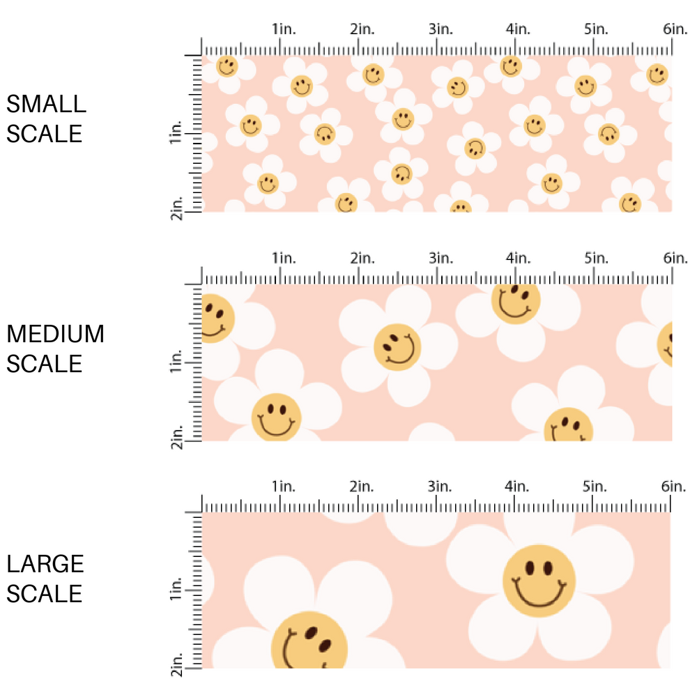 pink scaled fabric by the yard image guide with white daisies and yellow smiley faces