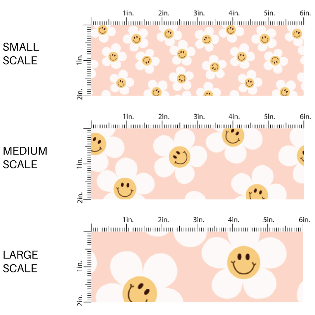 pink scaled fabric by the yard image guide with white daisies and yellow smiley faces