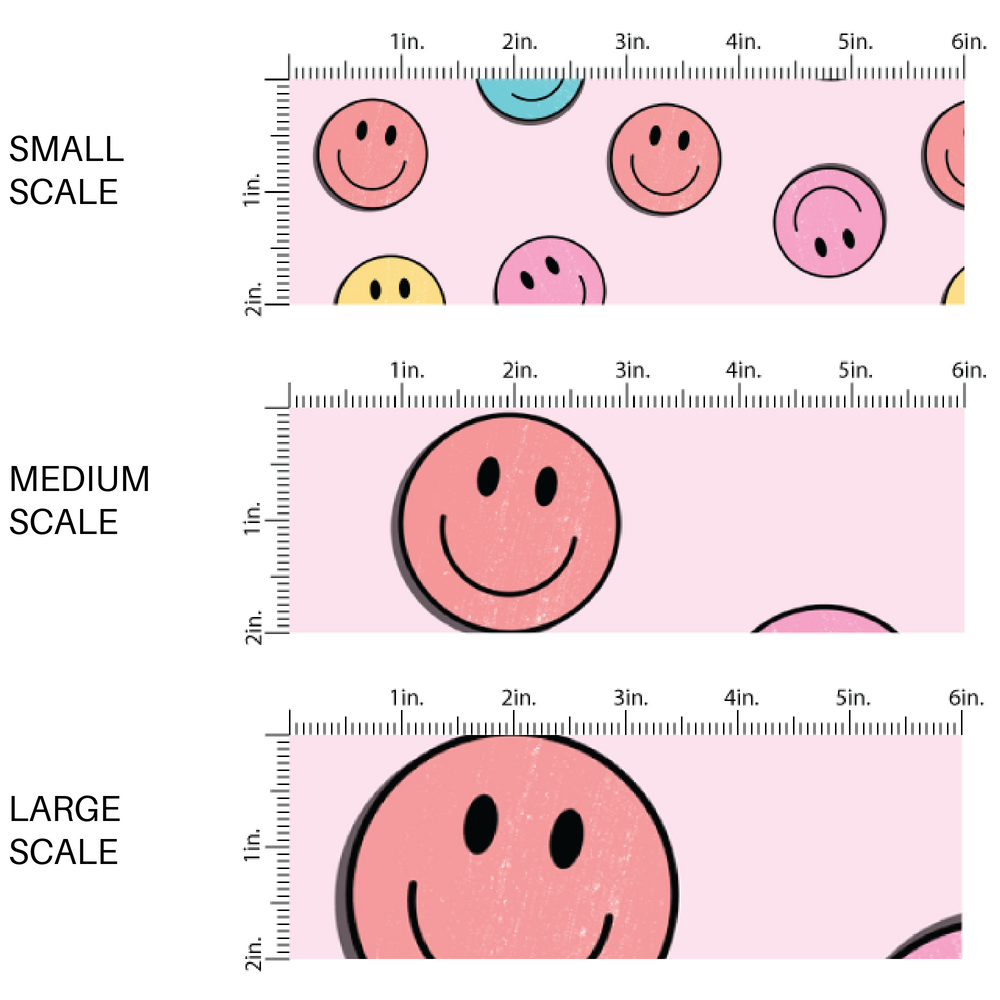 Light pink scaled fabric by the yard with pink, blue, and yellow smiley faces