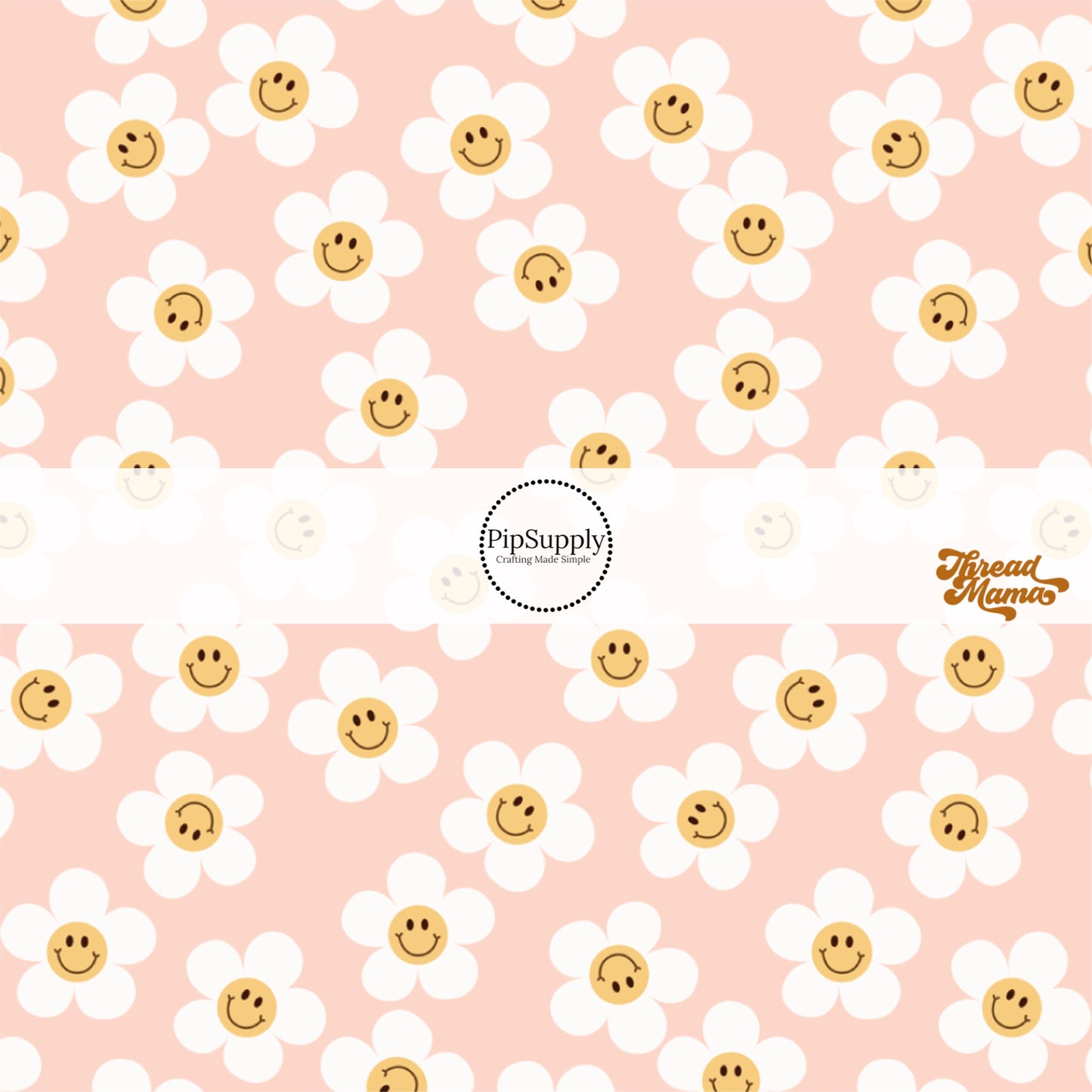 White daisies and yellow smiley faces on a pink fabric by the yard
