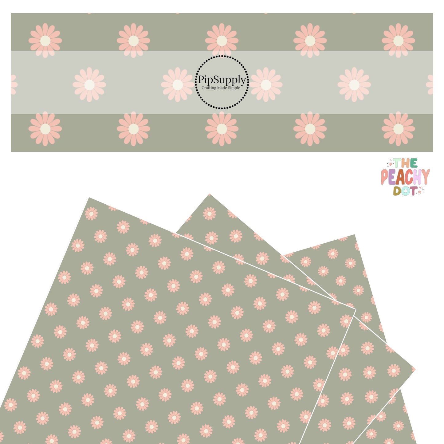 peach flowers with cream center on sage faux leather sheet