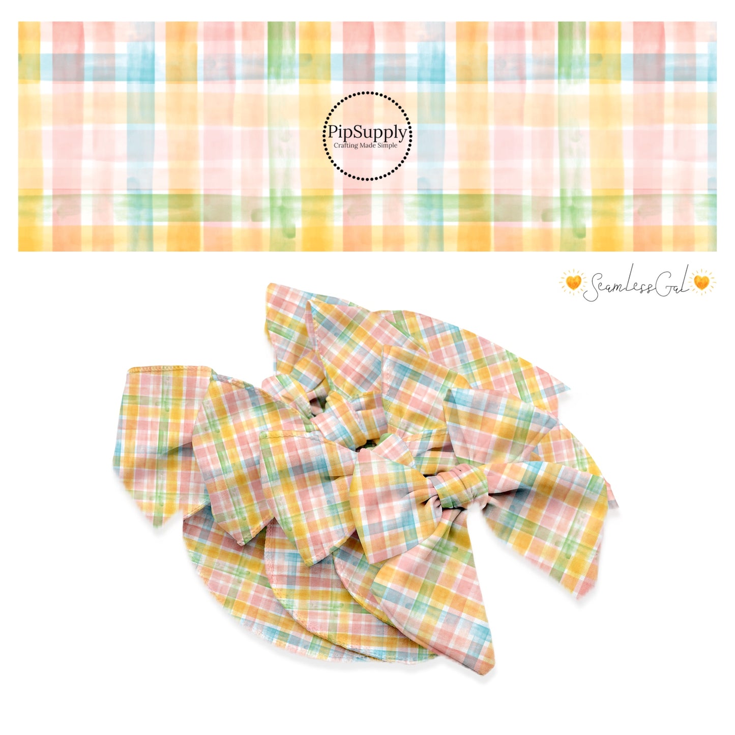 pink, blue, green, and yellow watercolor plaid bow strips