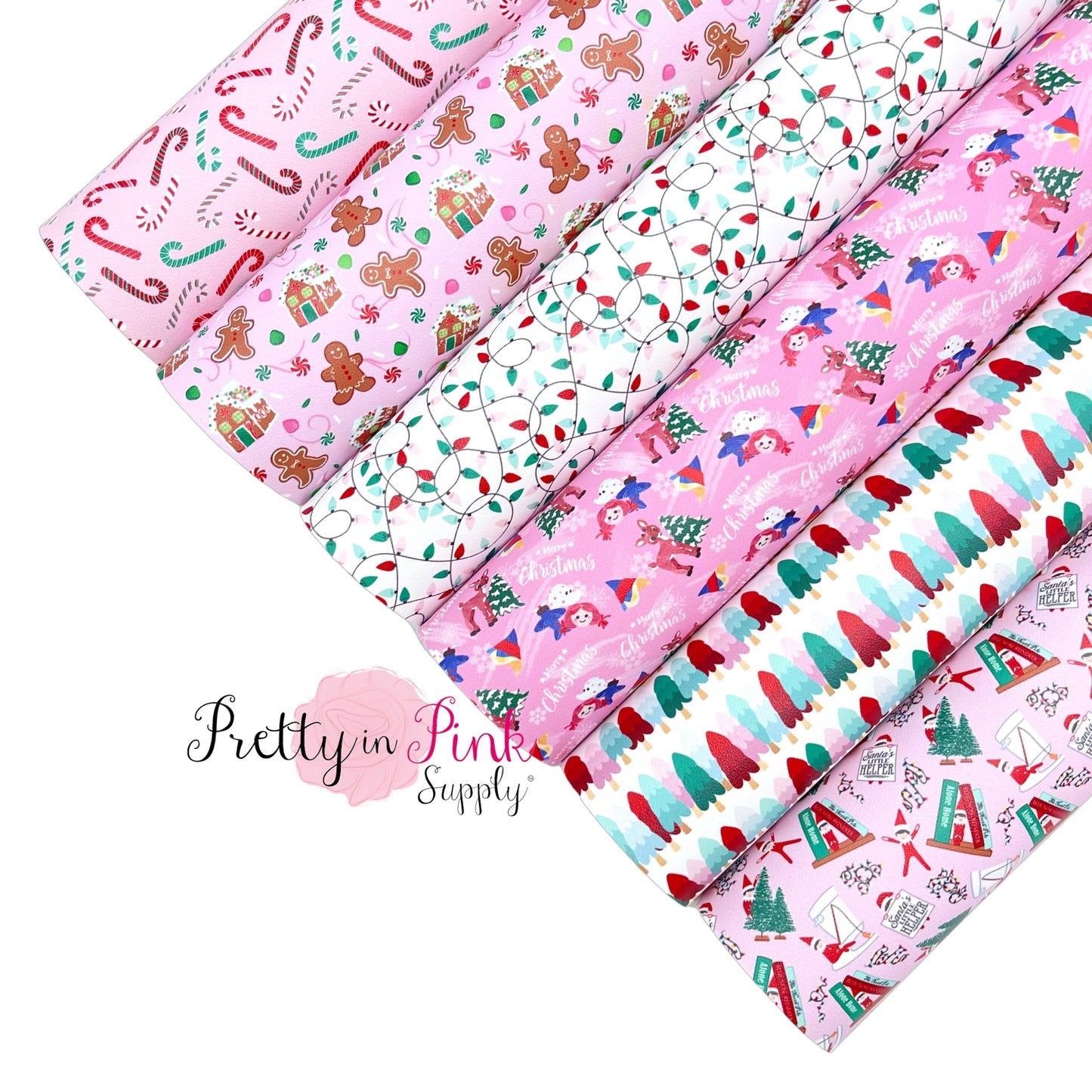 All available merry and bright Pink Christmas patterned faux leather sheets.