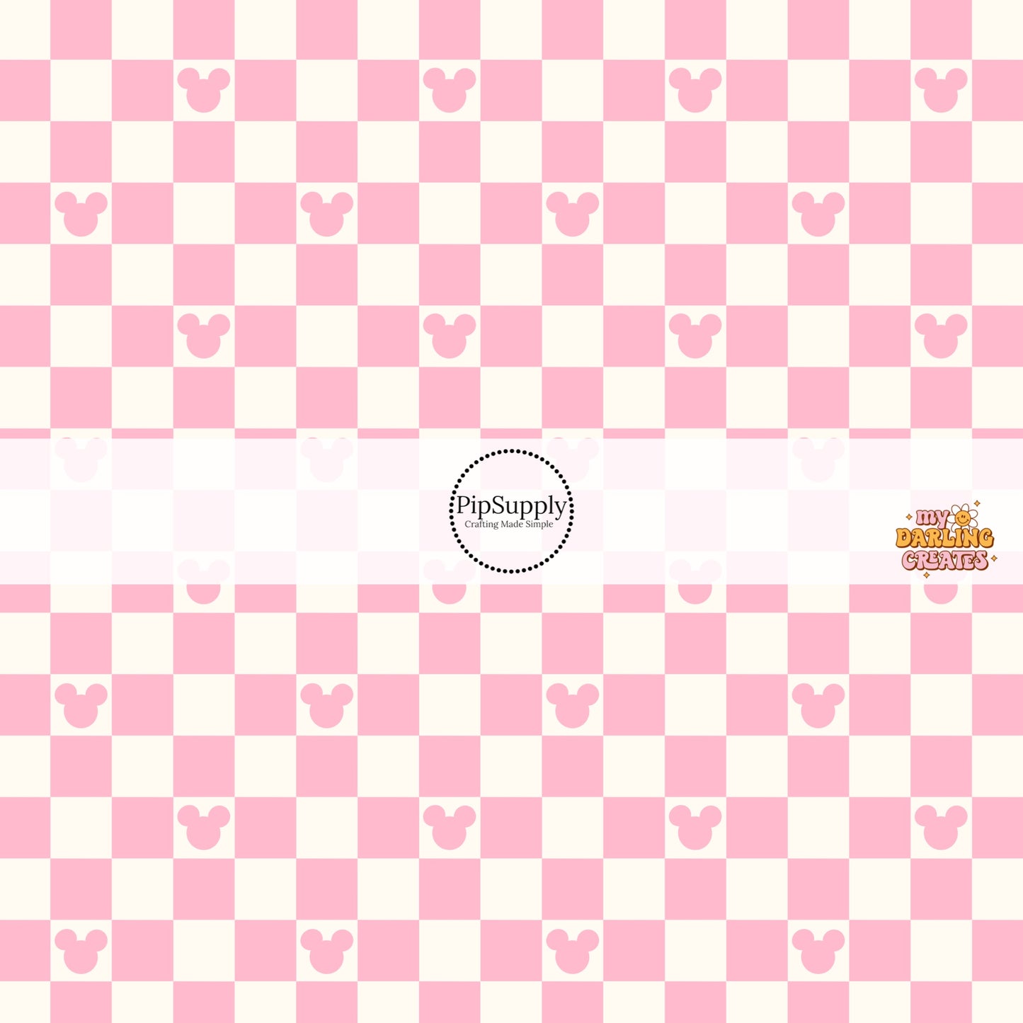 Light pink mouse head on cream tiles with pink checkered bow strips