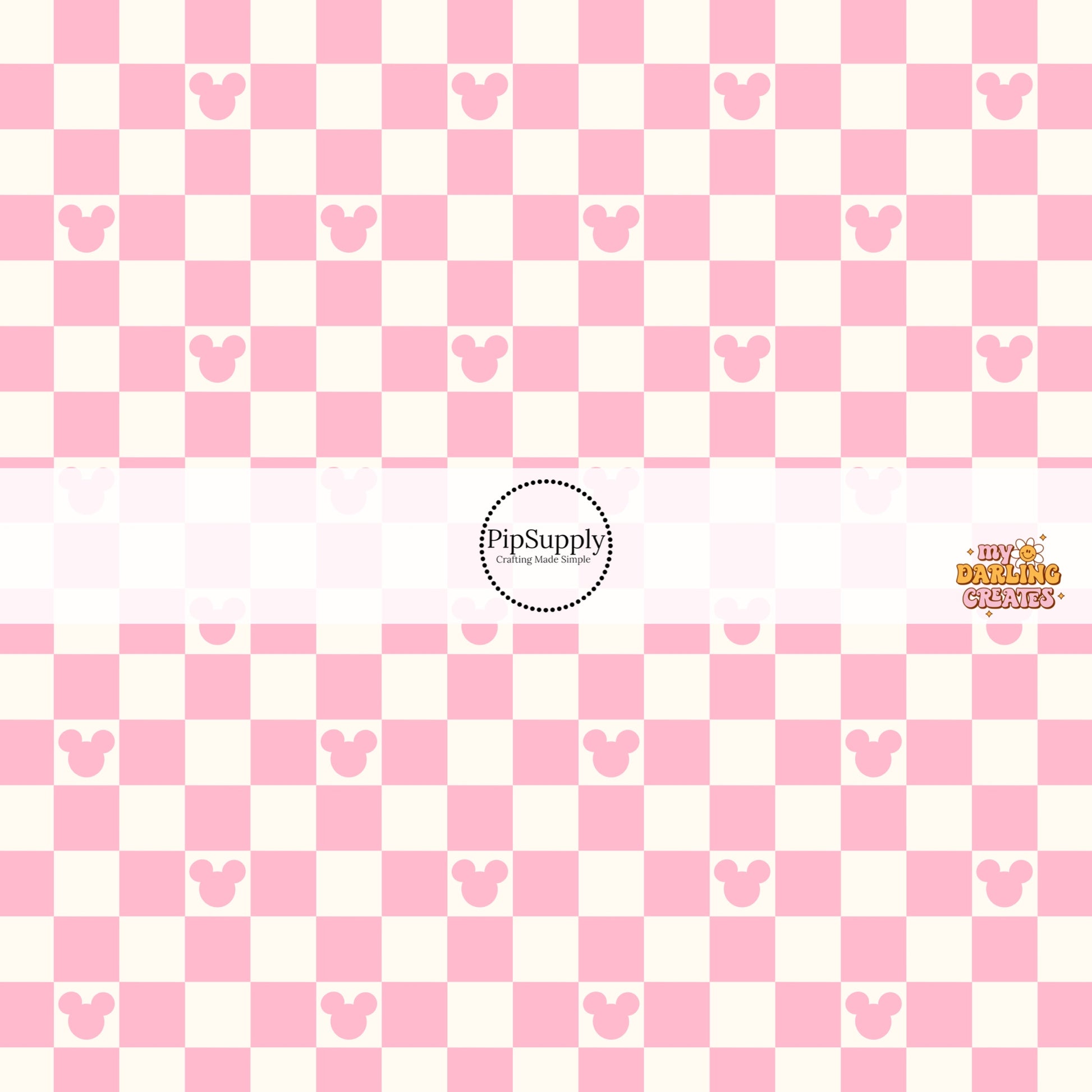 Light pink mouse head on cream tiles with pink checkered bow strips