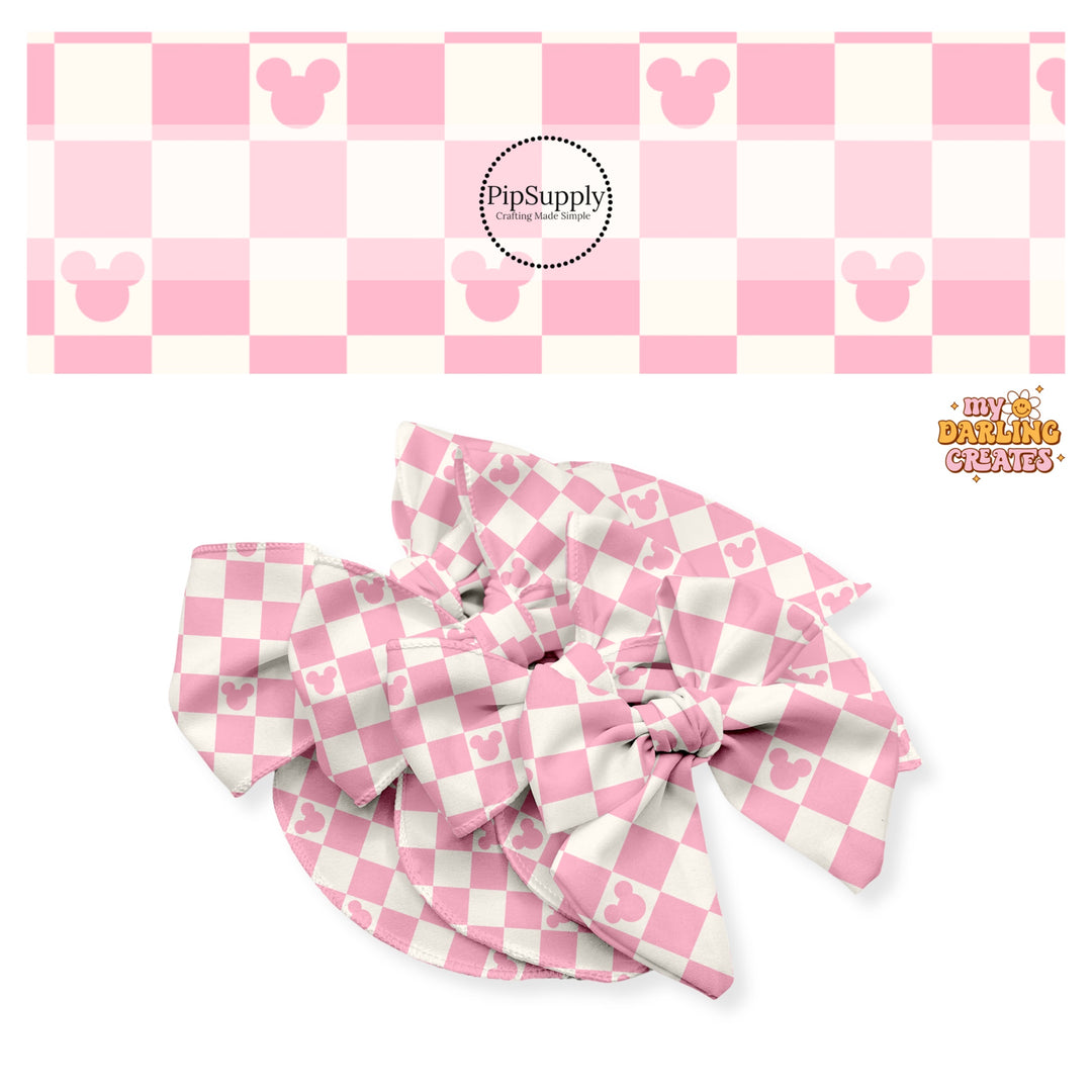 Pink checkered with pink mouse head on cream tiles bow strips 