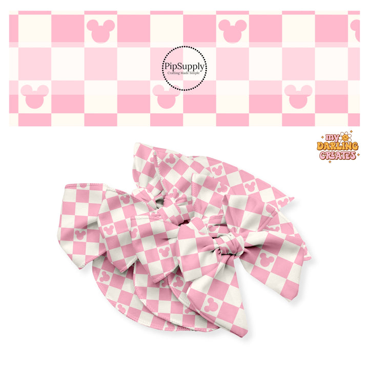 Pink checkered with pink mouse head on cream tiles bow strips 