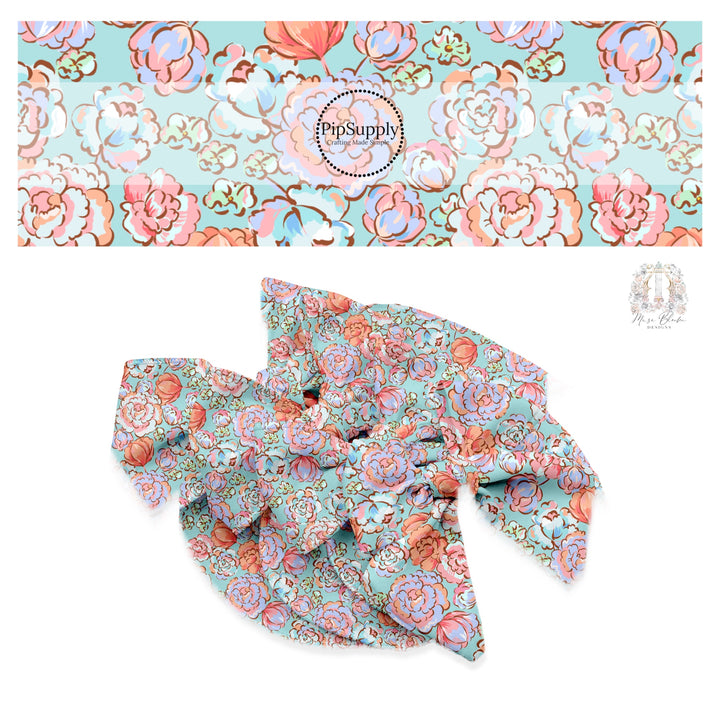 Lavender, peach, pink, cream, and aqua floral on aqua bow strips