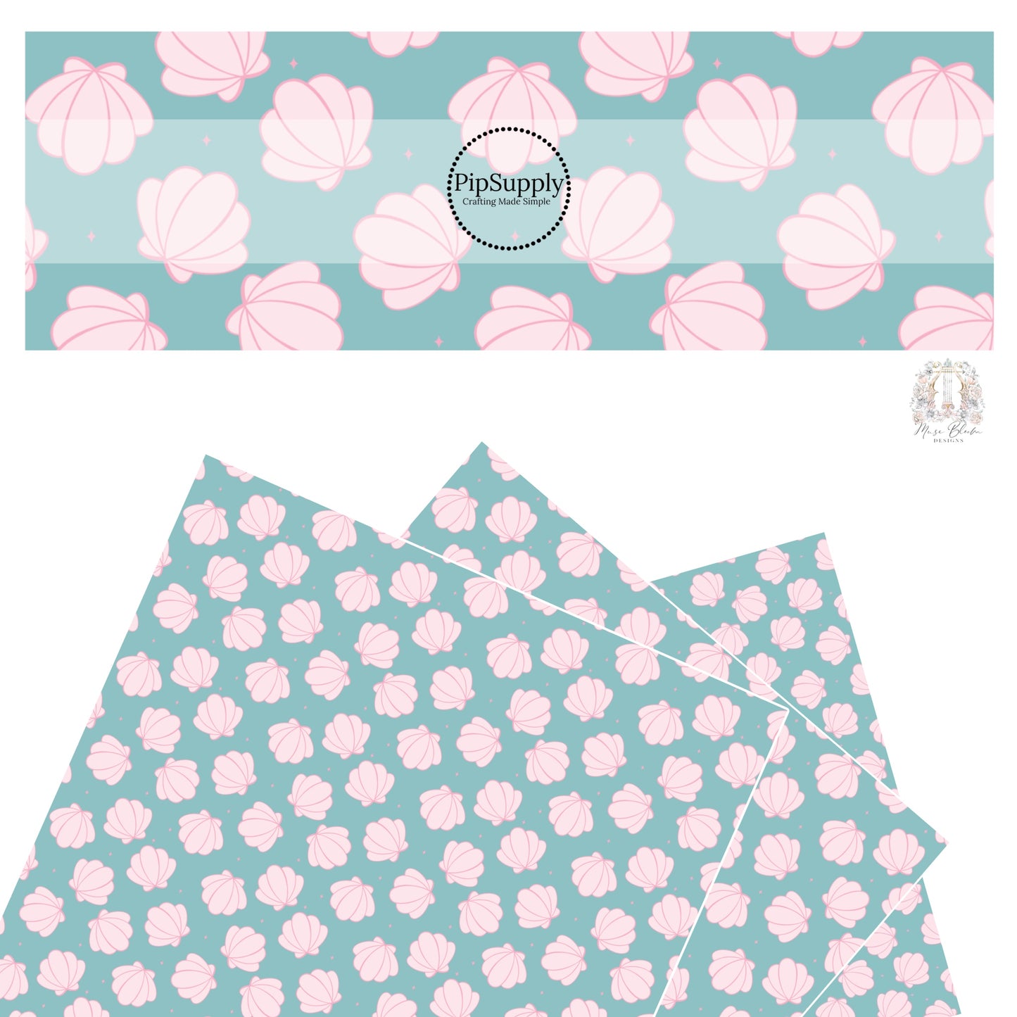 Light pink bubble shells with stars on aqua faux leather sheets