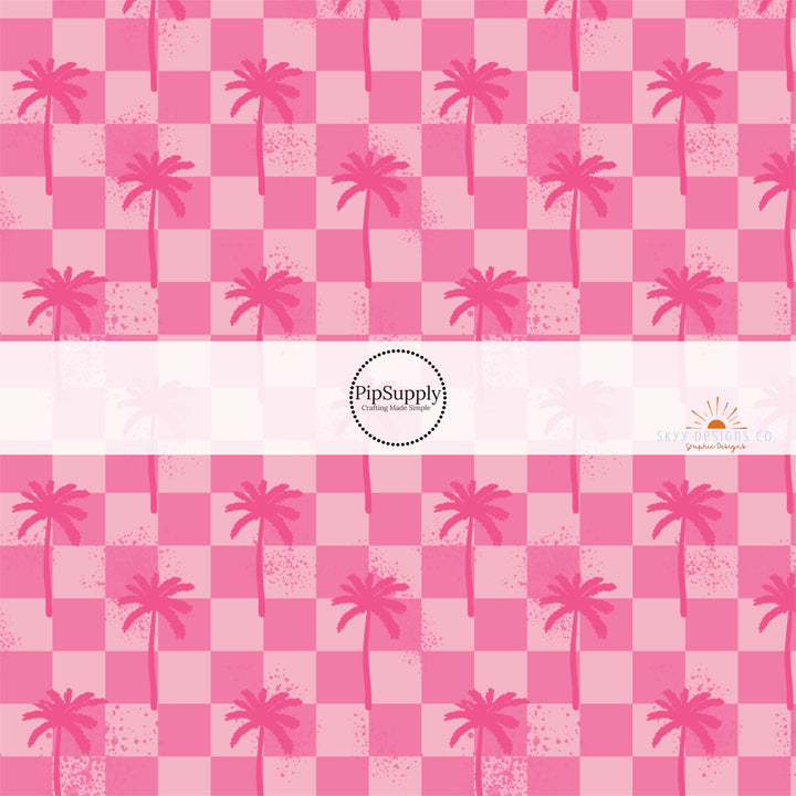 Splatter dots and pink palm trees on multi pink checkered bow strips