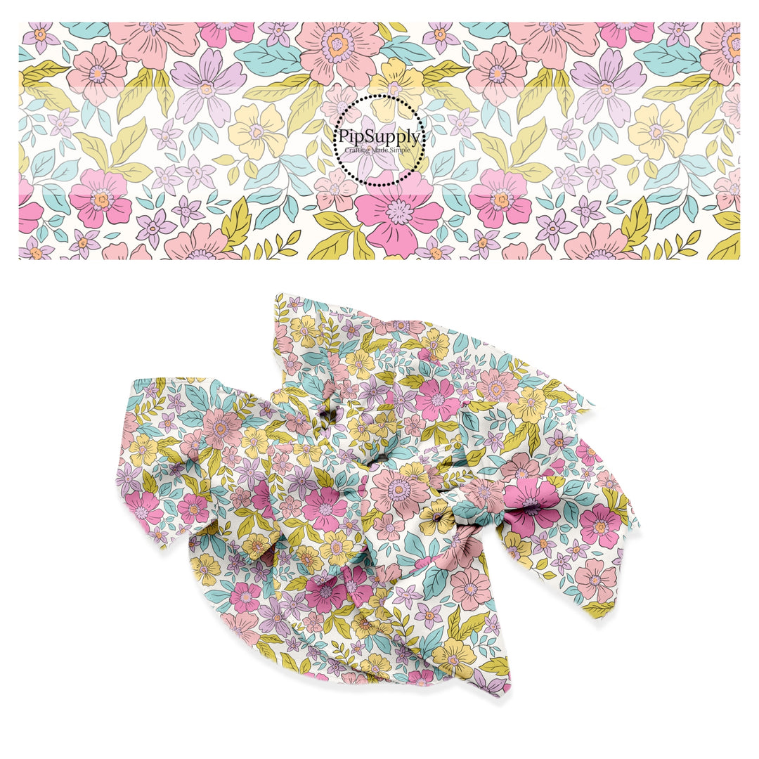 pink, yellow, and lavender flowers with green and blue leaves on white bow strips