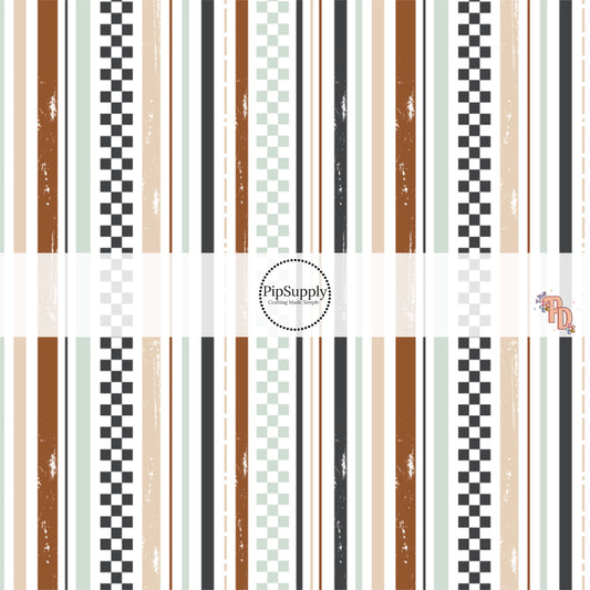Charcoal, Brown, Tan, And Pistachio Stripes On White Fabric By The Yard