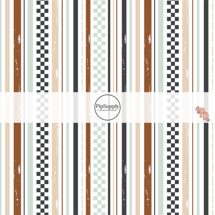 Charcoal, Brown, Tan, And Pistachio Stripes On White Fabric By The Yard