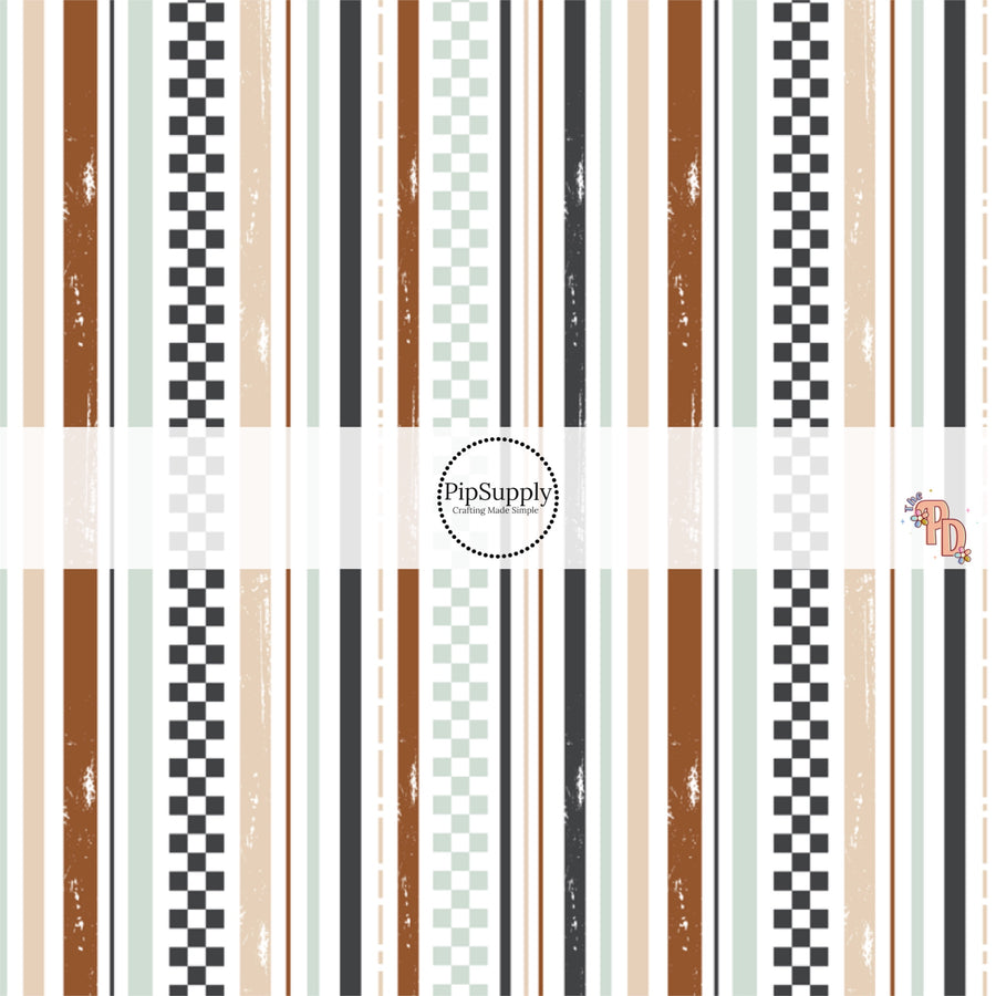 Charcoal, Brown, Tan, And Pistachio Stripes On White Fabric By The Yard