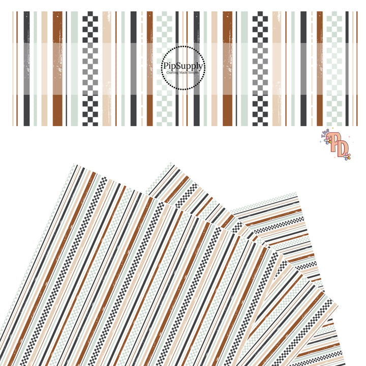 Brown, Charcoal, Pistachio Colored Stripes and Checkers On White Faux Leather Sheet