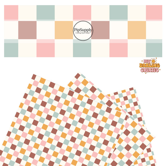 Burgundy, pink, blue, and orange checkered with cream tiles faux leather sheets