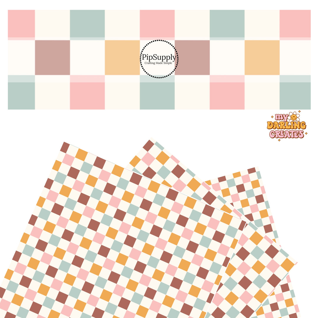 Burgundy, pink, blue, and orange checkered with cream tiles faux leather sheets