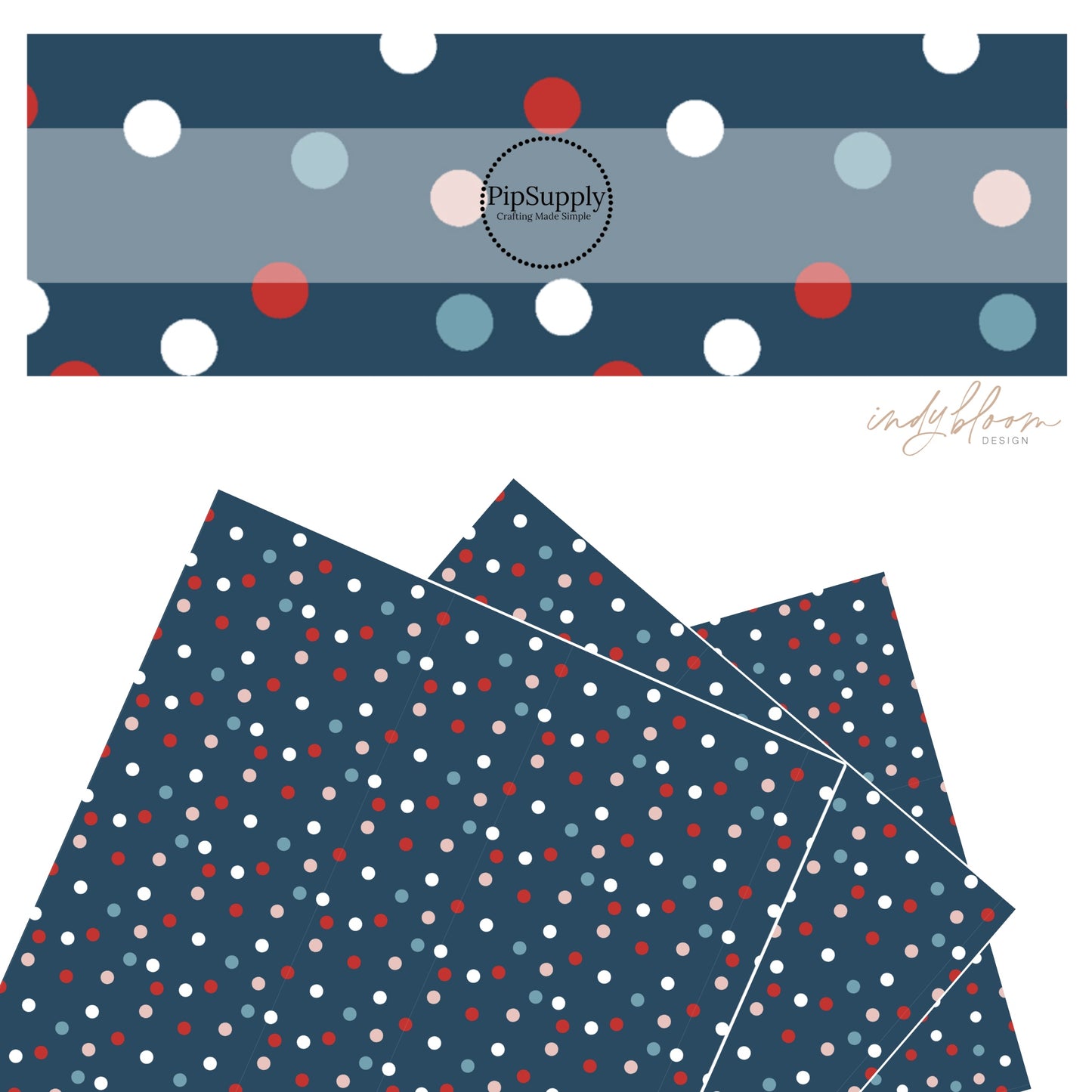 Red, white, blue, and pink polka dots on navy faux leather sheets