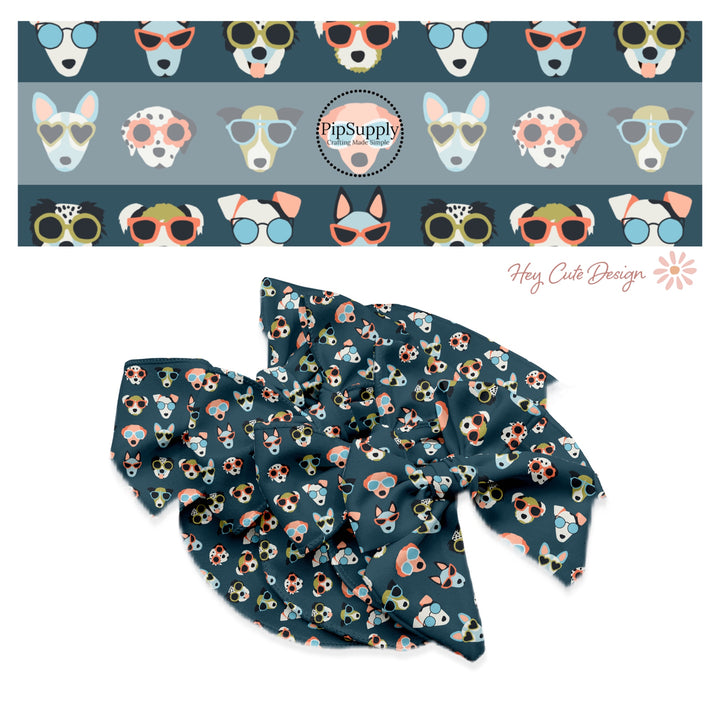 multi puppies wearing multi sunglasses on denim bow strips