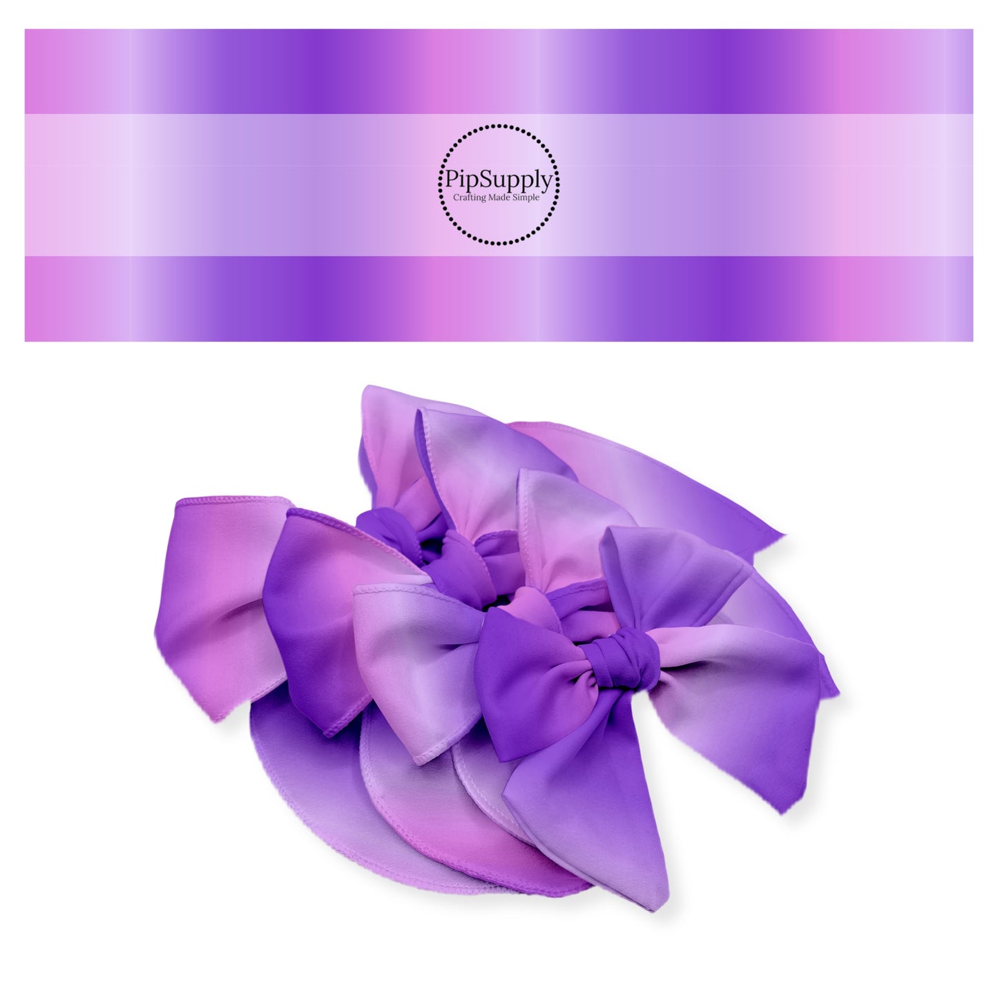 Multiple style hair bow strips in multi color purple ombre print.