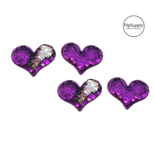 two and a half inch wide purple and silver reversible sequin heart embellisment