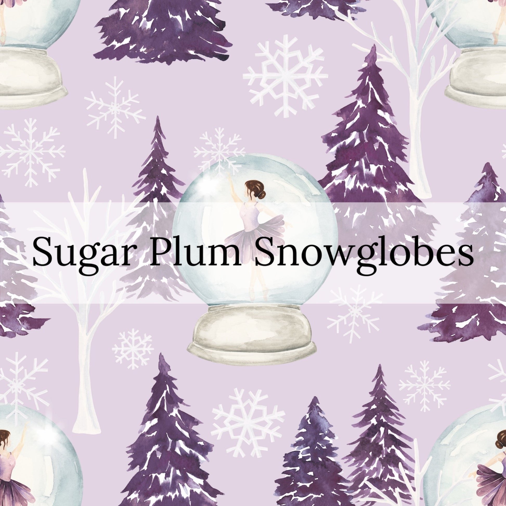 watercolor purple trees with snowflakes and snow globes on lavender bow strips pattern