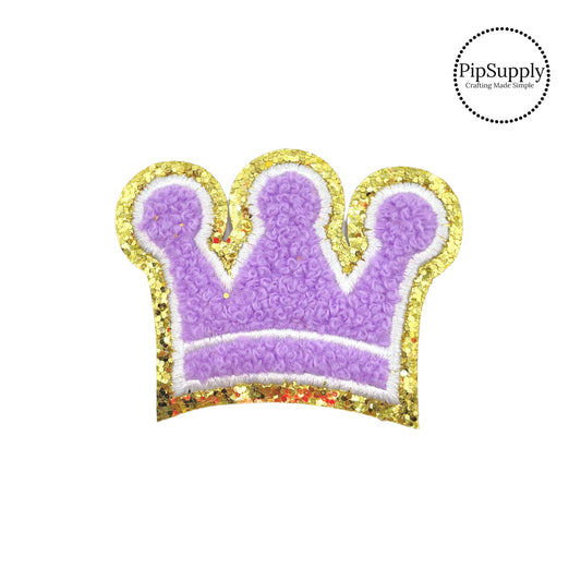 purple crown shaped chenille iron on patch with a gold backing Princess