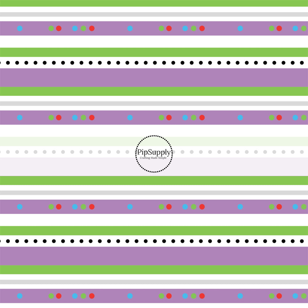 green, white, and purple stripes with colorful dots bow strips