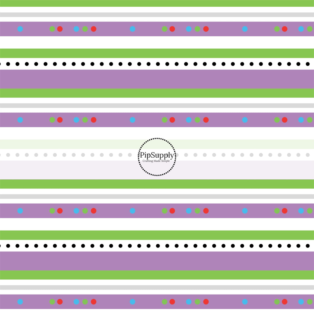 green, white, and purple stripes with colorful dots bow strips