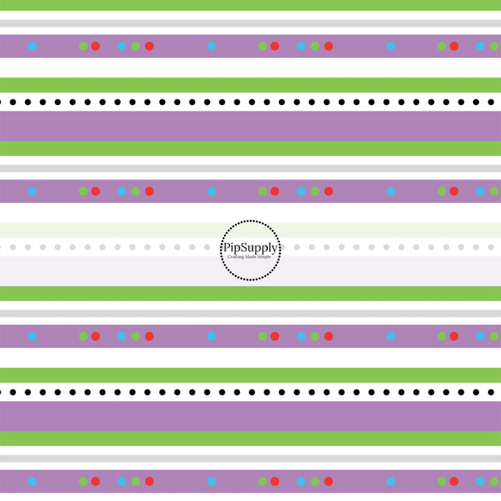 green, white, and purple stripes with colorful dots bow strips