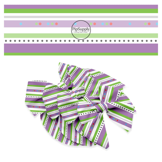 green and purple stripe patterned with polka dots bow strips