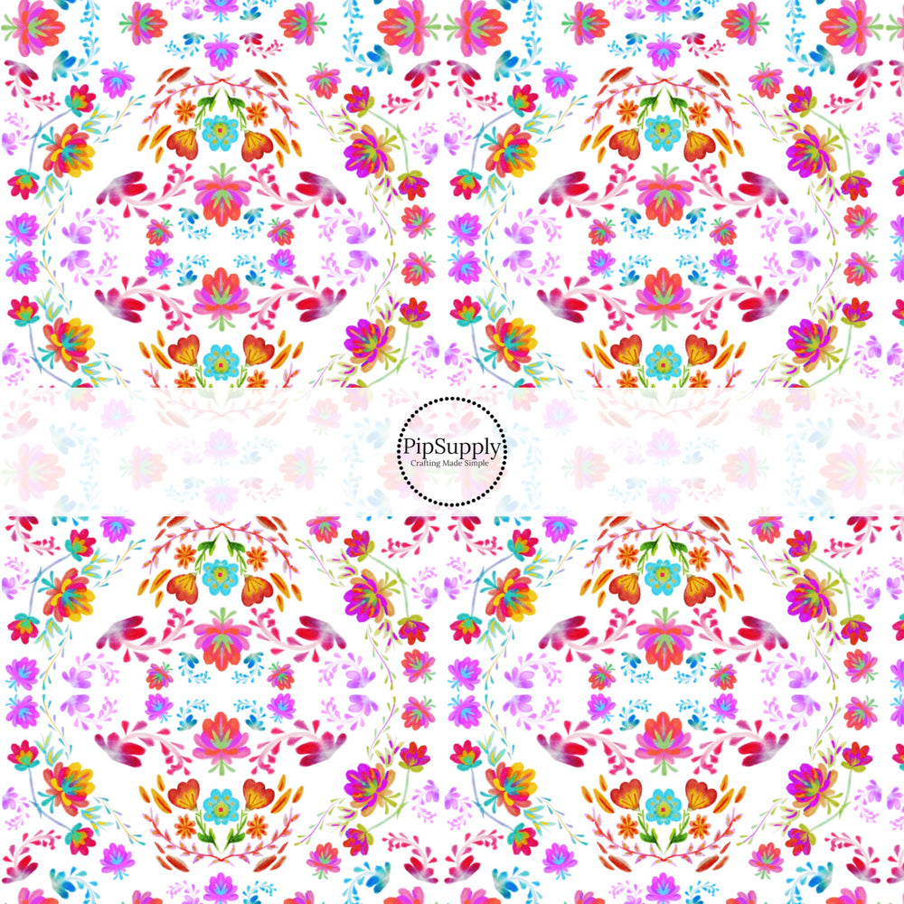 Kaleidoscope spanish floral on white bow strips