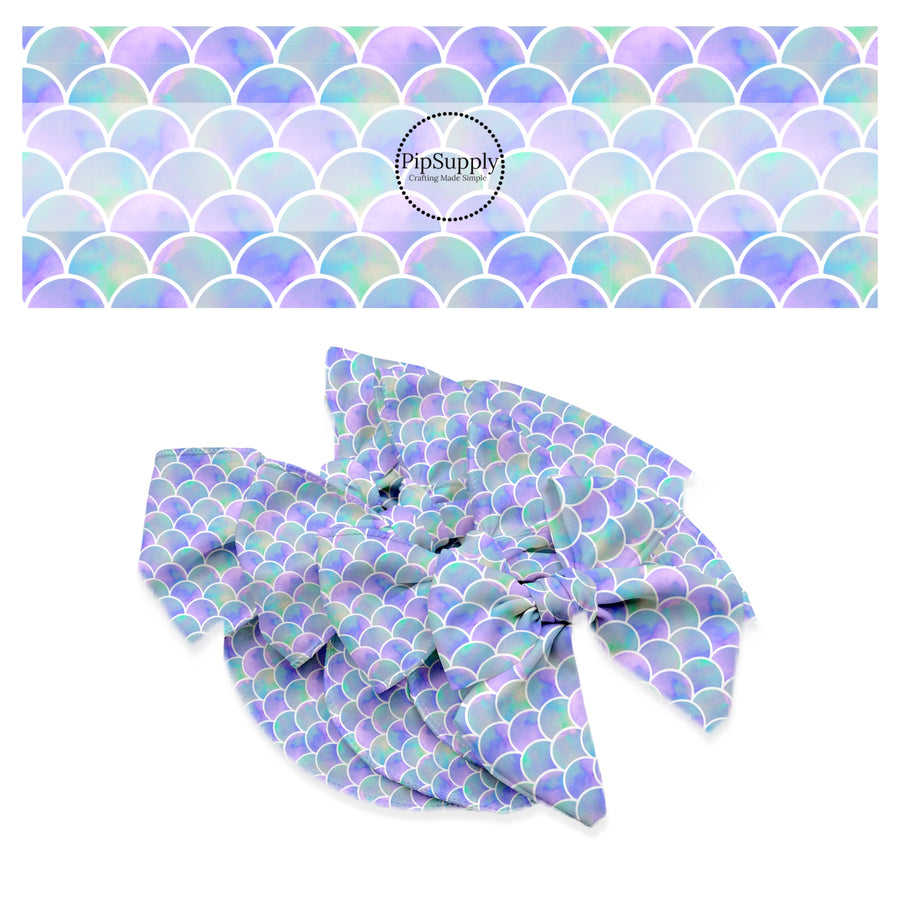 watercolor purple, lavender, aqua, and white mermaid scales bow strips