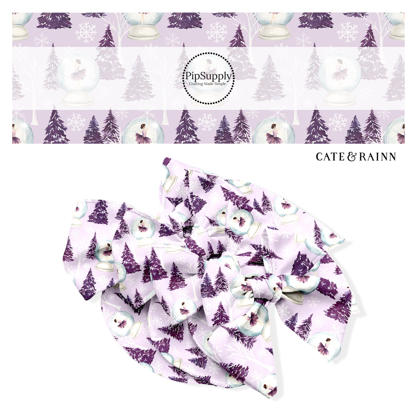 lavender bow strips with ballerina snowflakes and purple snowy trees