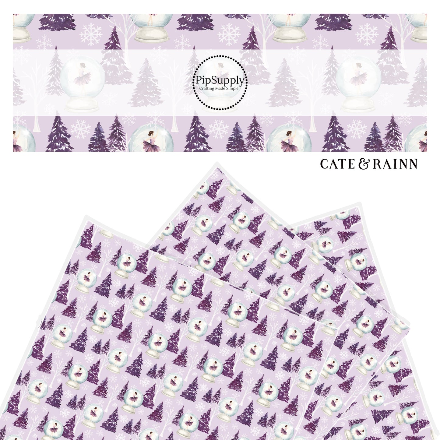 light purple faux leather sheet with snow capped purple trees, white snowflakes and a ballerina in a snow globe
