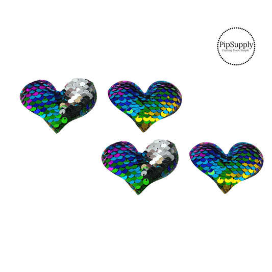 two and a half inch wide rainbow and silver reversible sequin heart embellisment