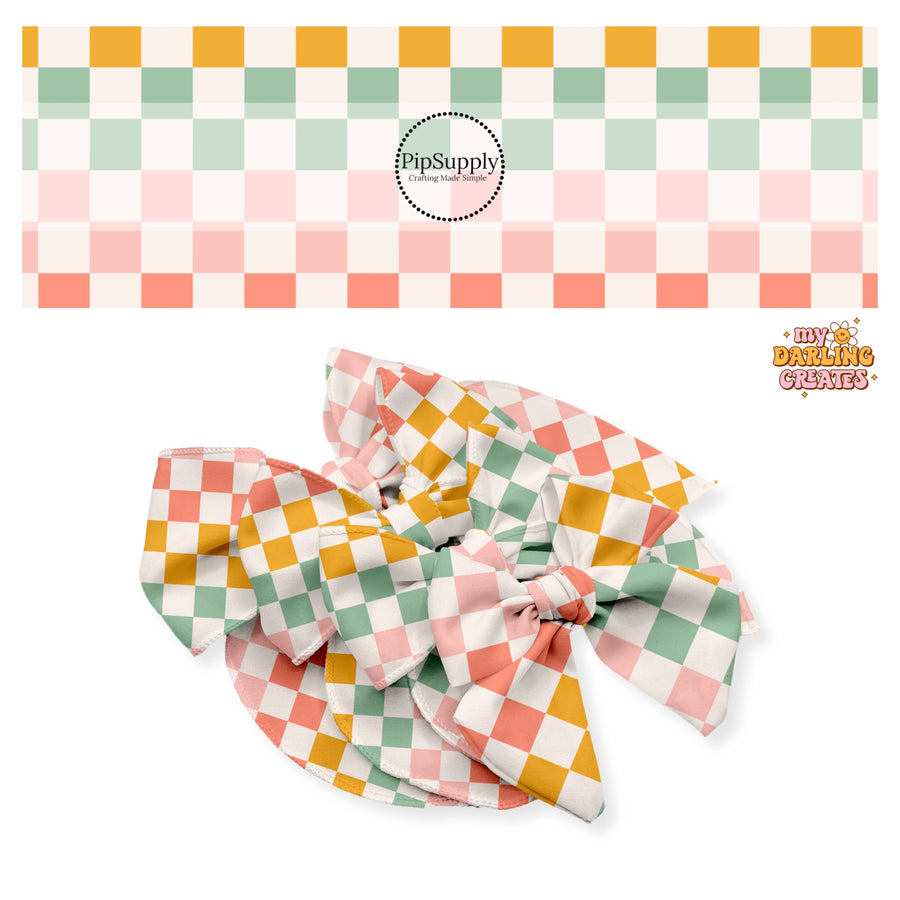 Pink, peach, orange, blue checkered bow strips