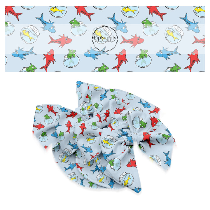 red, yellow, blue, and green fish bowl bow strips 