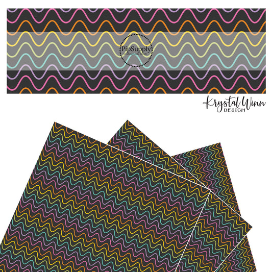 Purple, pink, orange, yellow, green, and blue thin waves on black faux leather sheets