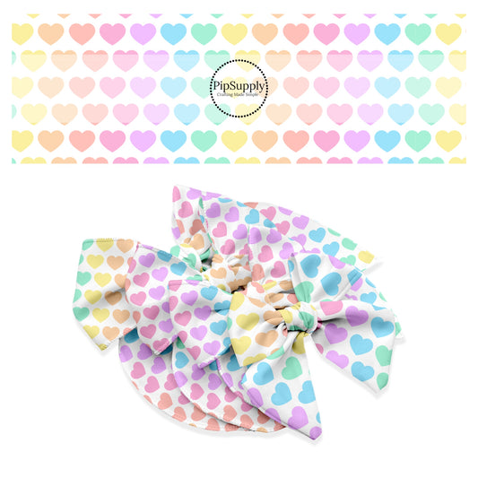 pastel hearts in green purple pink yellow orange on white bow strips