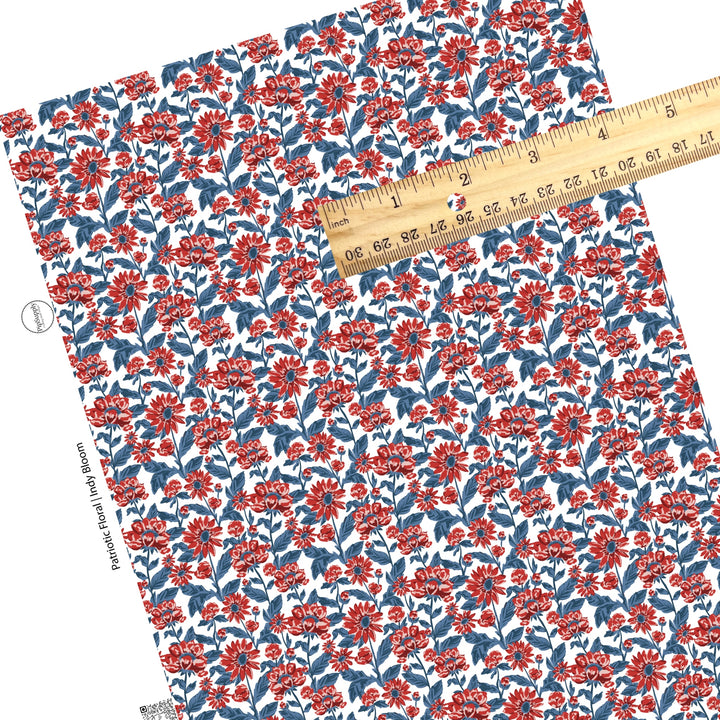 Dark red and blue flowers on white faux leather sheets