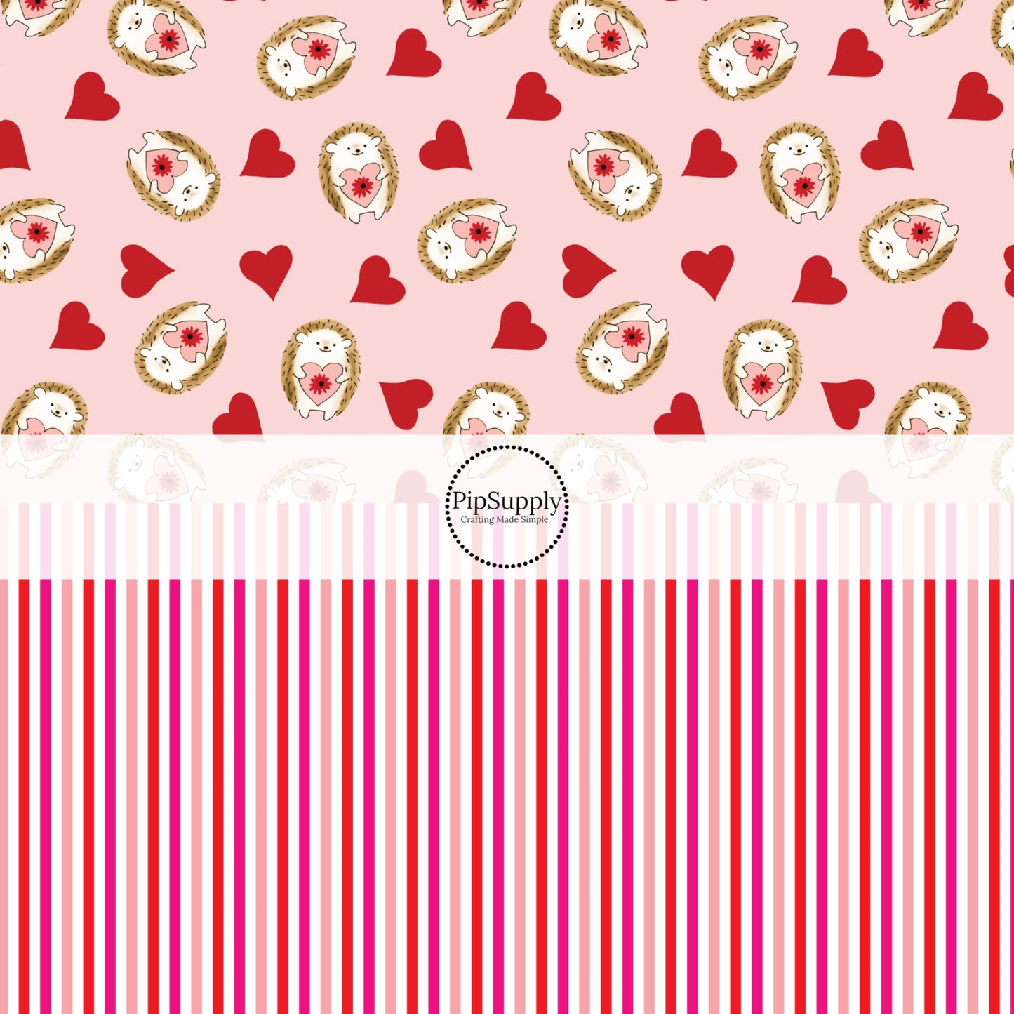 Valentine's Day Fabric by the Yard - Pink and Red Striped Fabrics - Hedgehog Fabric - Pink Fabric with Red Hearts and Hedgehogs