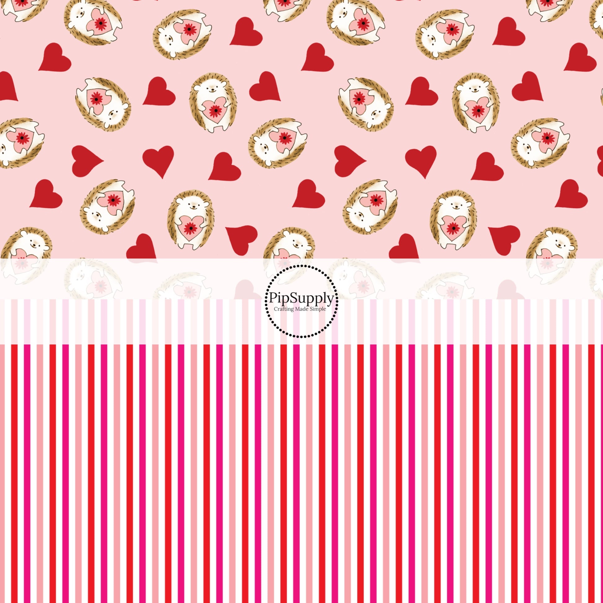 Valentine's Day Fabric by the Yard - Pink and Red Striped Fabrics - Hedgehog Fabric - Pink Fabric with Red Hearts and Hedgehogs