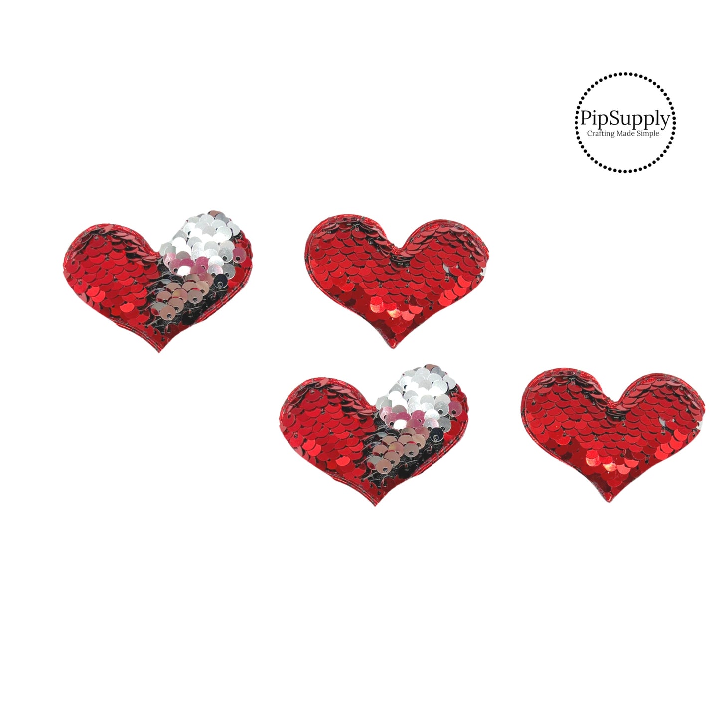 two and a half inch wide red and silver reversible sequin heart embellisment