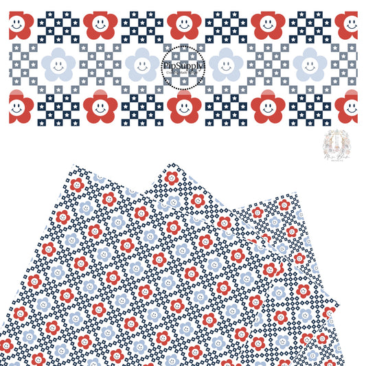 Red and baby blue flowers with smiley faces and stars on navy checkerboard on white faux leather sheets