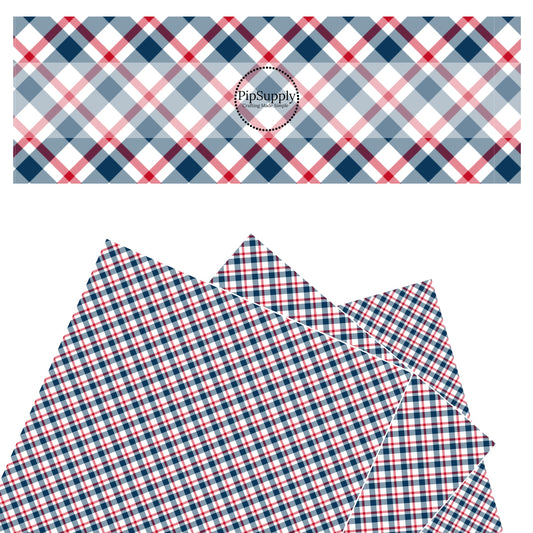 Red, white, and blue diagonal plaid faux leather sheets
