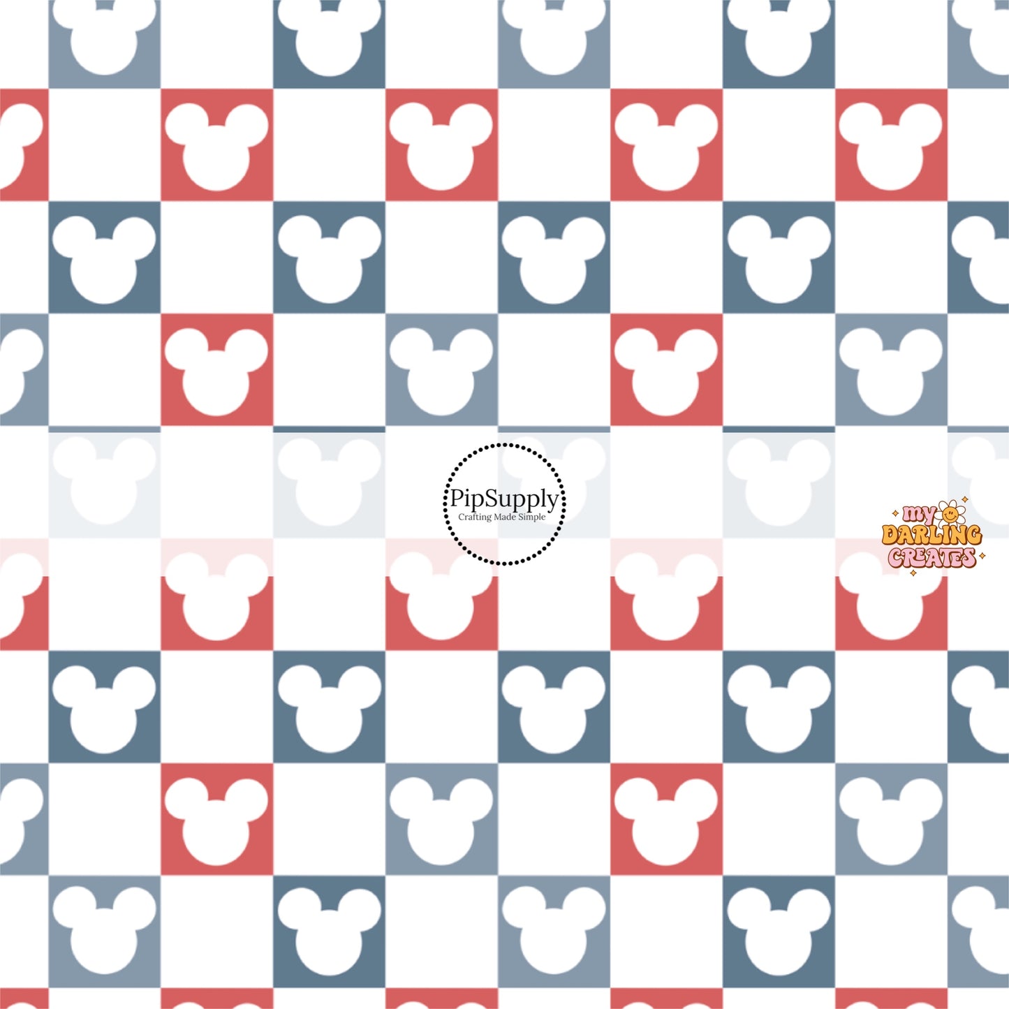 White mouse head cutout on red and blue checkered bow strips