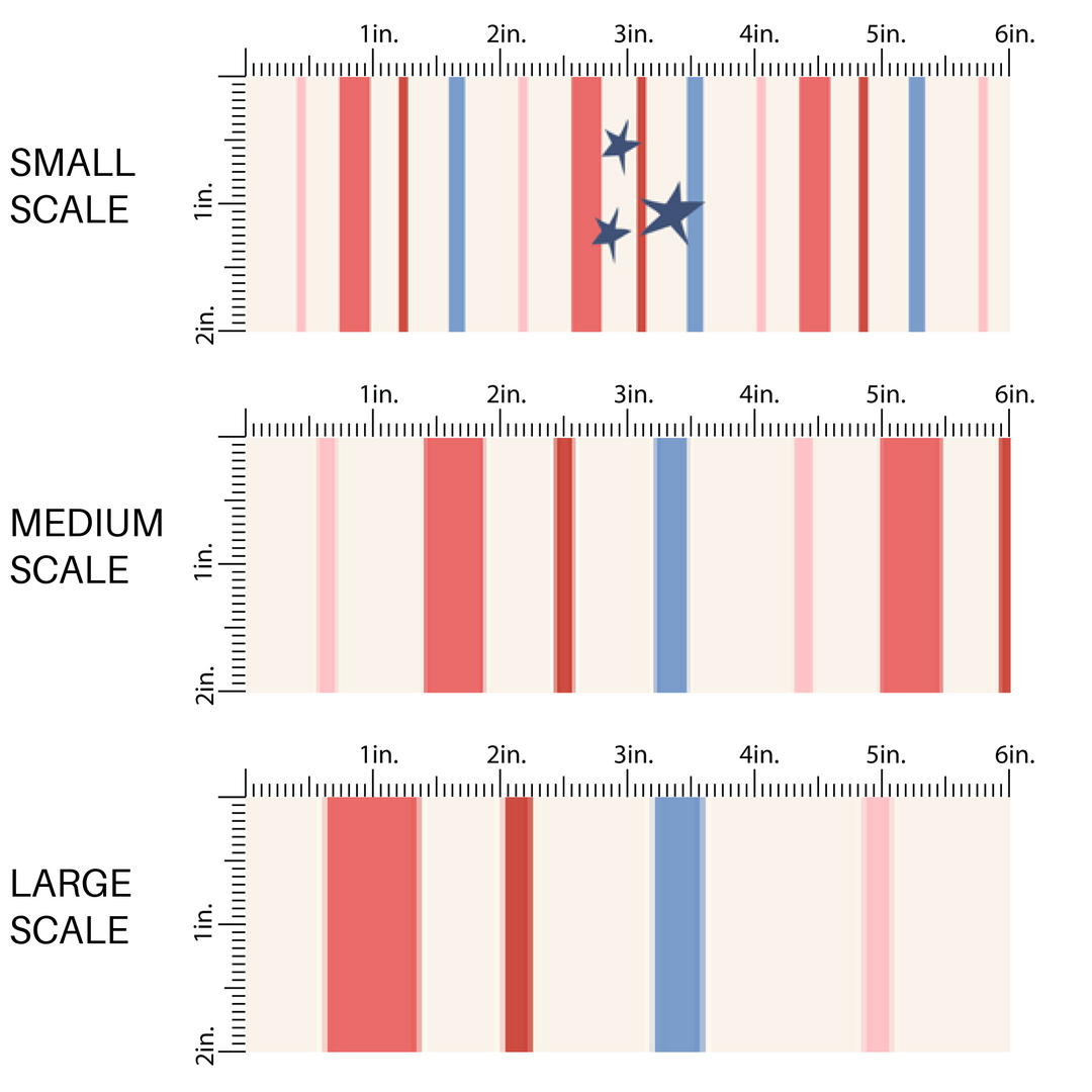 This image has three fabric scales of small, medium, and large scale for the patriotic stripes fabric by the yard.