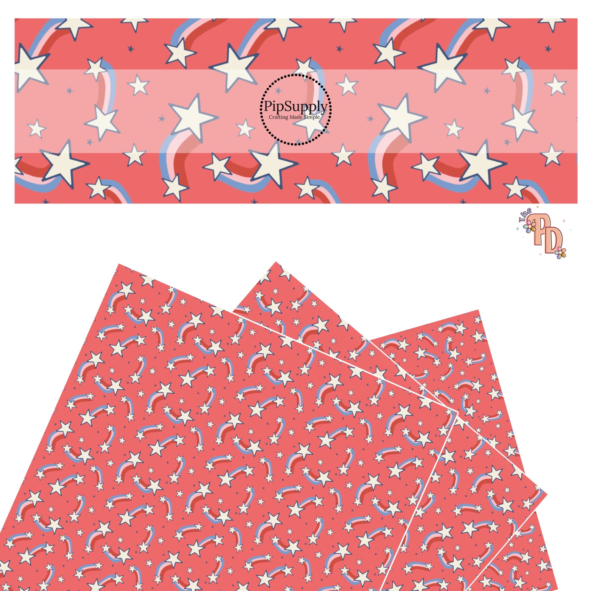 Blue, Red, Pink Rainbows With White Stars On Red Faux Leather Sheet