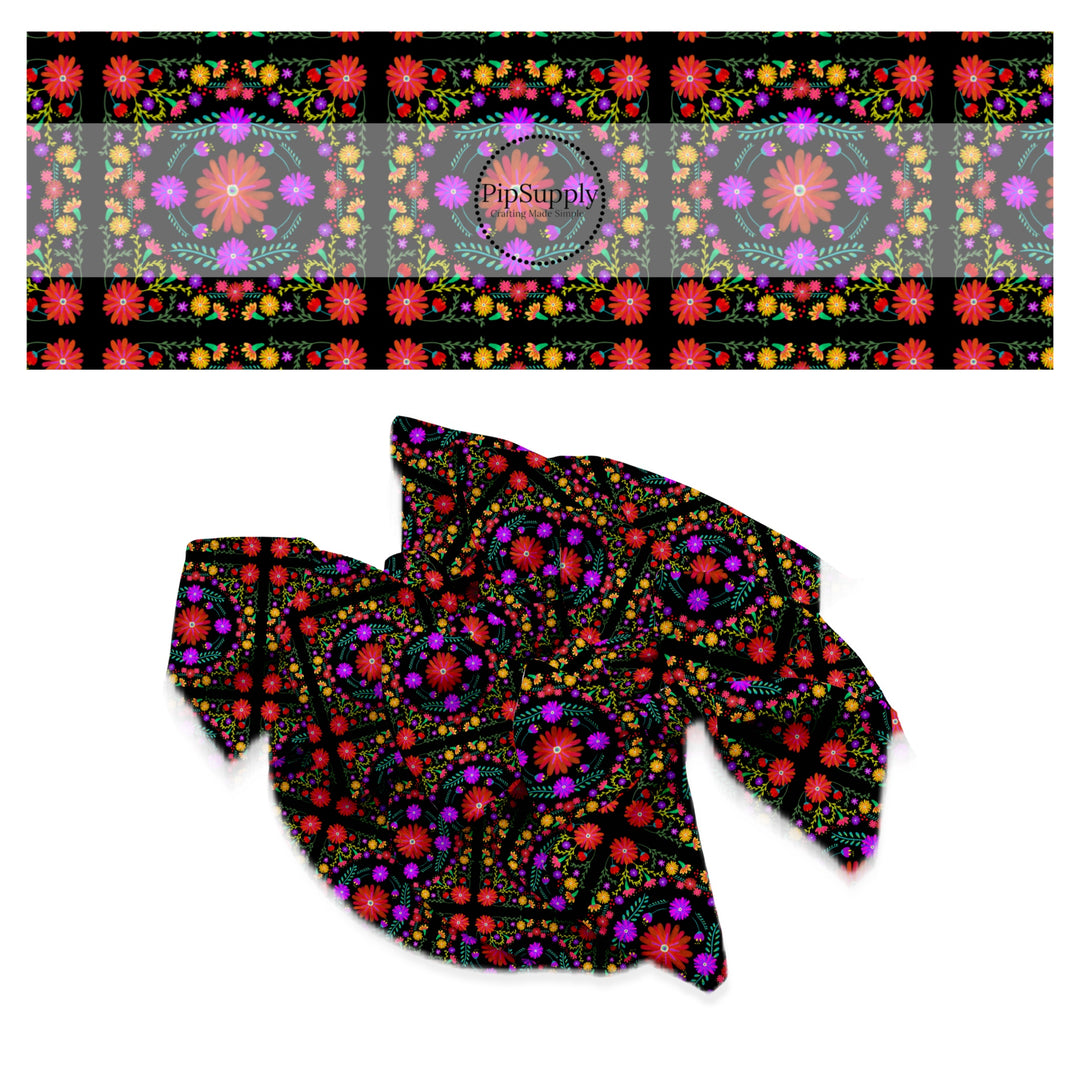 Bright red, purple, and yellow mutli square floral on black bow strips